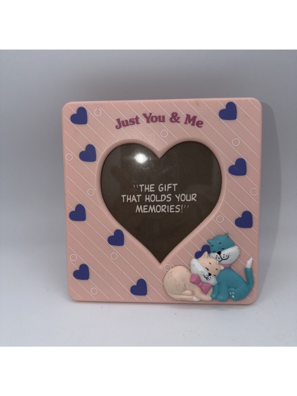 Vintage 70s Figi Pink Plastic Picture Frame Heart Blue Pink Cat Love Just You Me